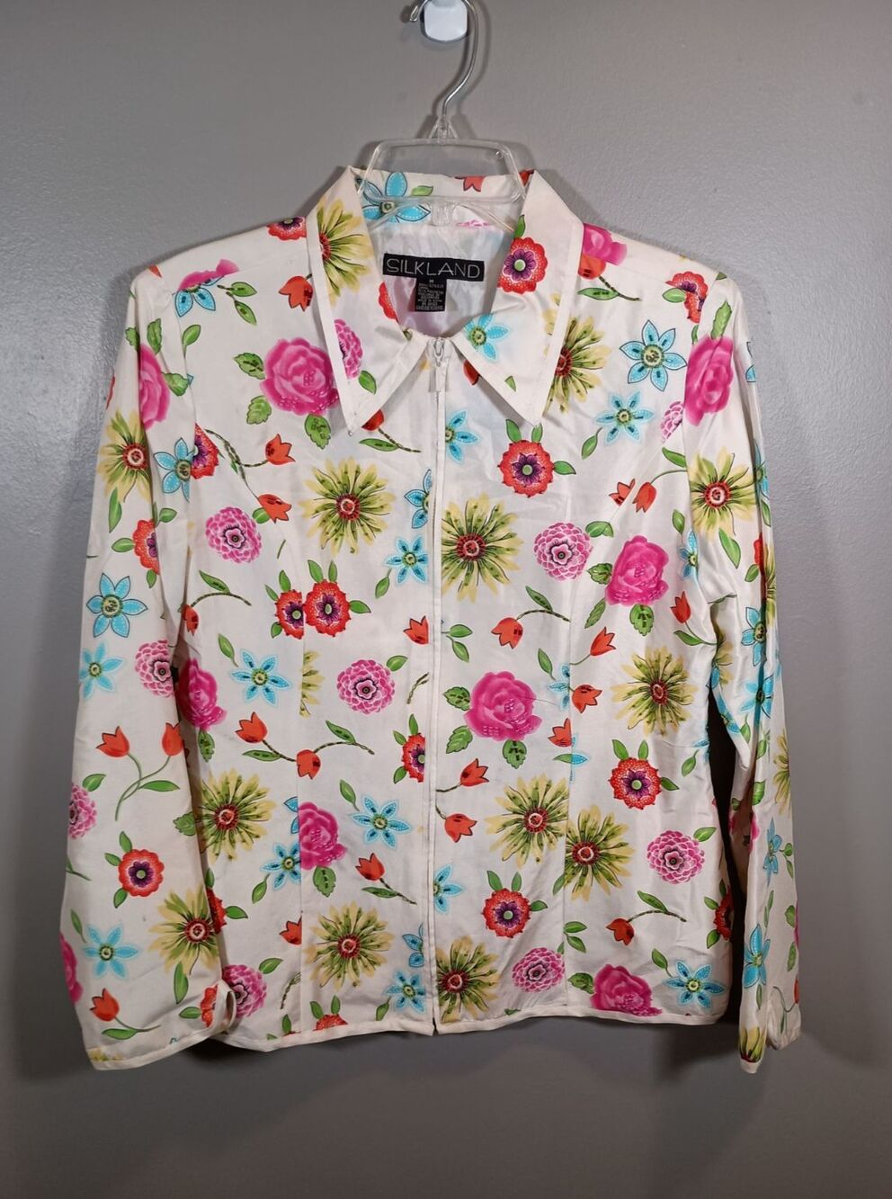 SILKLAND Blazer White Beaded Floral Print Zip Silk Womens Size Medium Vintage